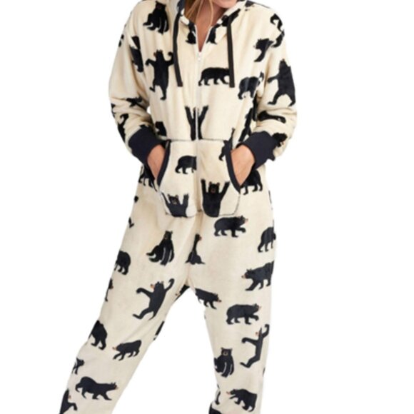 Adult Hooded Fleece Onesie Jumpsuit Zip Up Warm Winter Comfy Pajama Bears - Picture 1 of 11
